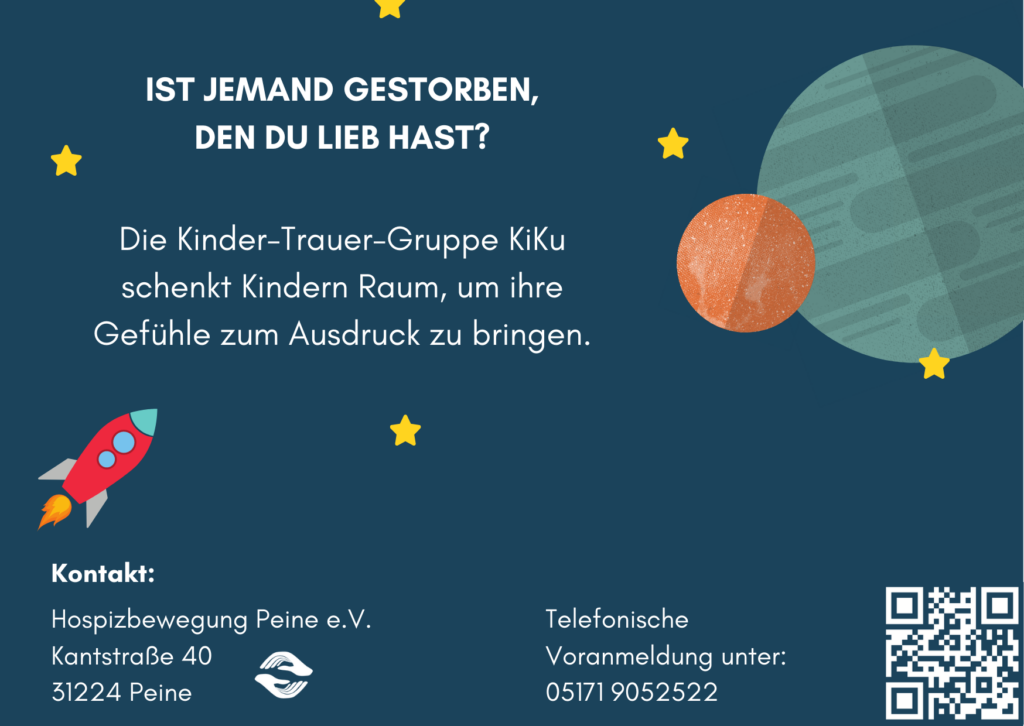 Poster über Kinder-Trauergruppe: Ist jemand gestorben, den du lieb hast? Dann bist du nicht allein. Kontaktinformationen des Vereins